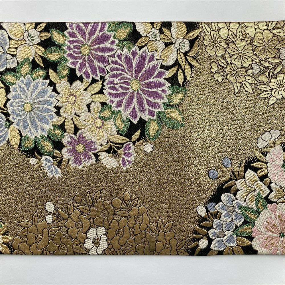 袋帯 正絹 金糸 ゴールド系 丸に季節の花々文様 金色ｘ多色 六通柄 フォーマル 礼装 長さ432cm【中古】 【キモノオフ野々市若松店】 袋帯 正絹 六通柄 未使用 仕立て付き フォーマル 六通 西陣織 ゴールド