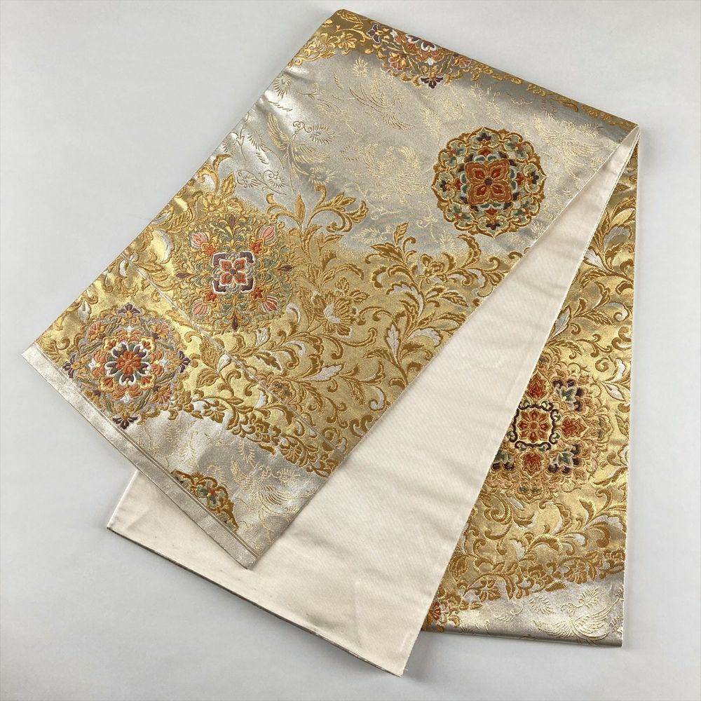中古）袋帯 金 銀 フォーマル 六通 金糸 引き箔 天平文様 絹