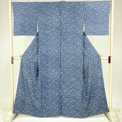 中古） 小紋 ブルーグレー カジュアル 縮緬 菊に露芝文様 袷 絹 【身丈 