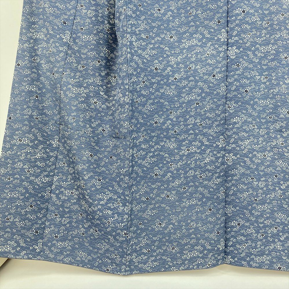 中古） 小紋 ブルーグレー カジュアル 縮緬 菊に露芝文様 袷 絹 【身丈