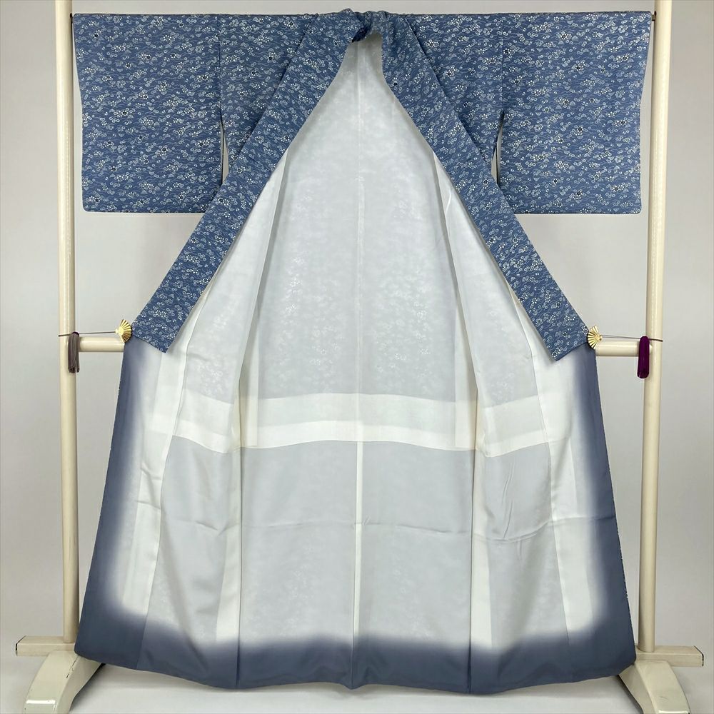 中古） 小紋 ブルーグレー カジュアル 縮緬 菊に露芝文様 袷 絹 【身丈