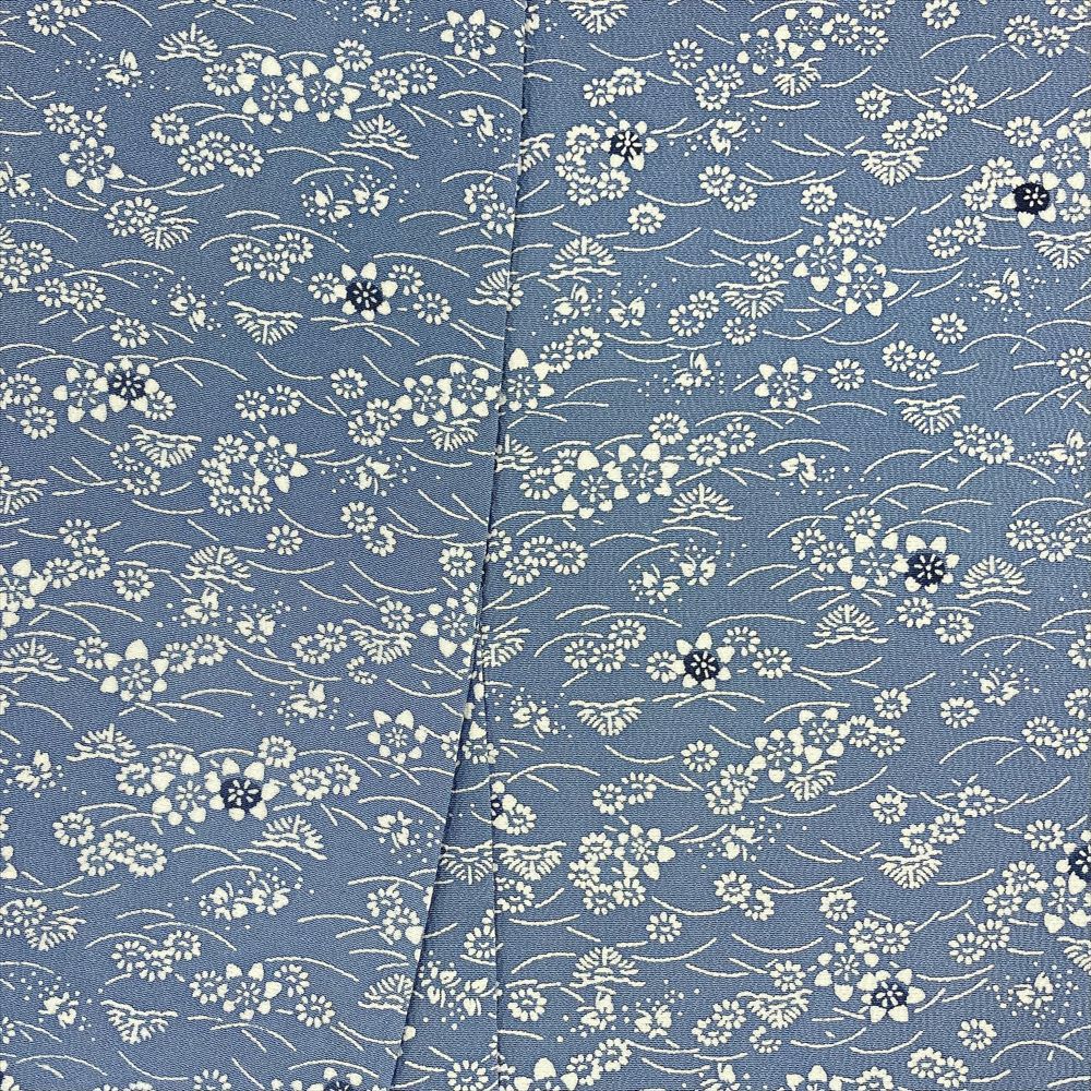 中古） 小紋 ブルーグレー カジュアル 縮緬 菊に露芝文様 袷 絹 【身丈