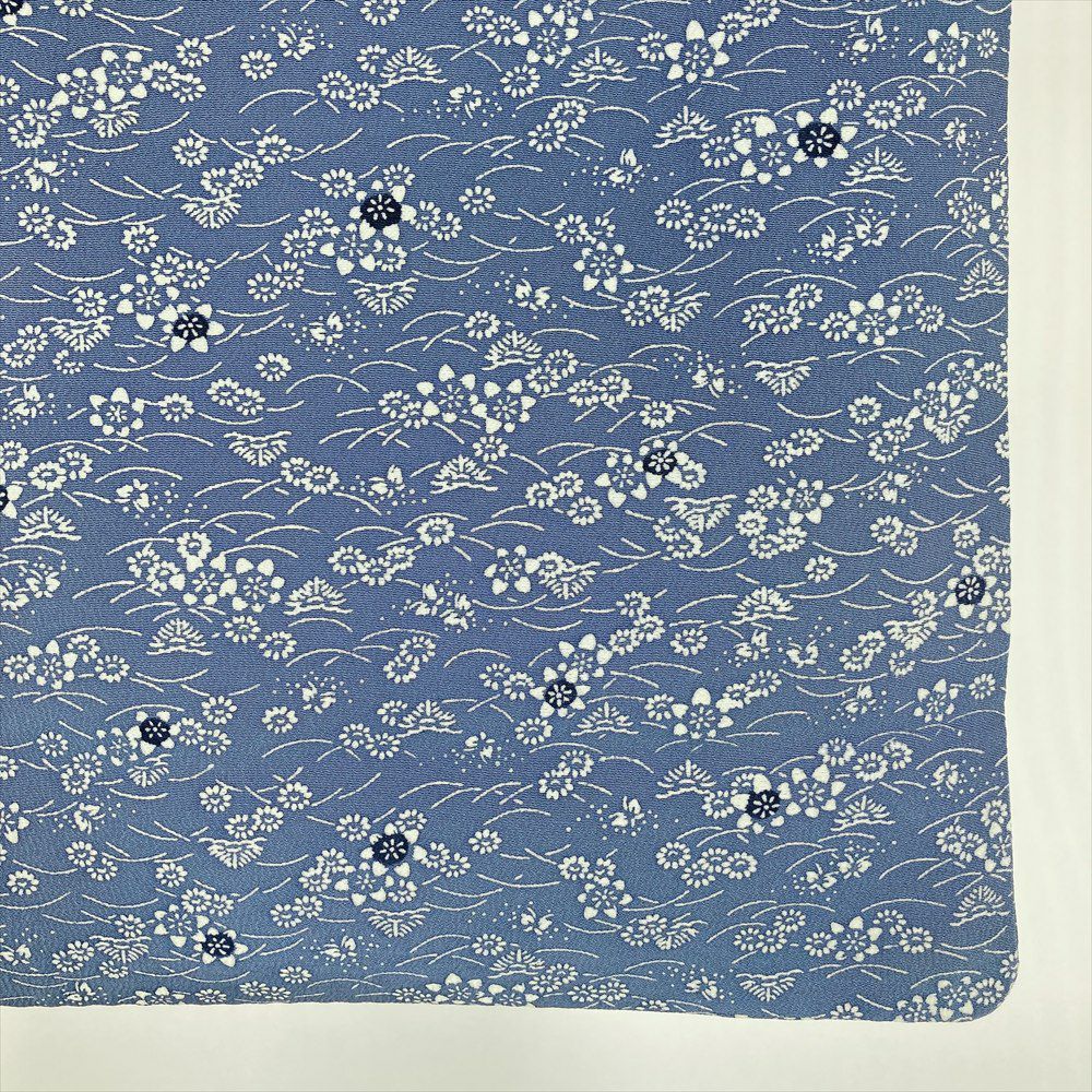 中古） 小紋 ブルーグレー カジュアル 縮緬 菊に露芝文様 袷 絹 【身丈