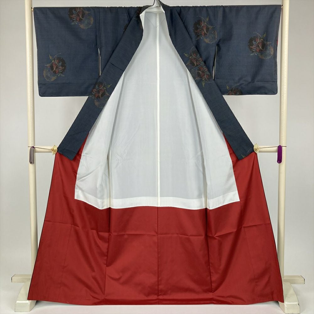 中古） 大島紬 紺 カジュアル 雪輪に花文様 袷 絹 【身丈】162.5cm【裄
