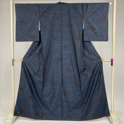 中古） 大島紬 紺 カジュアル 雲に花の丸文様 袷 絹 【身丈】159cm【裄 