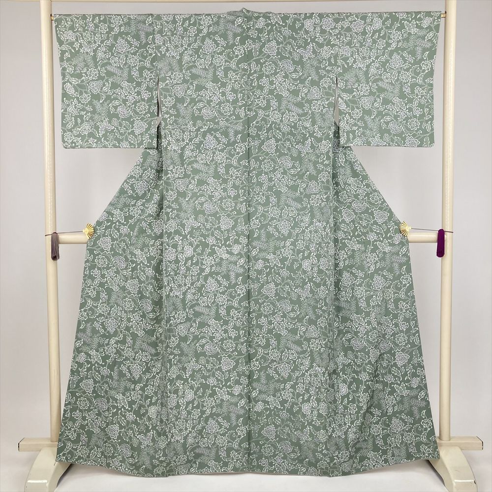 中古） 小紋 青 カジュアル 縮緬 陶器文様 袷 絹 【身丈】158cm【裄丈