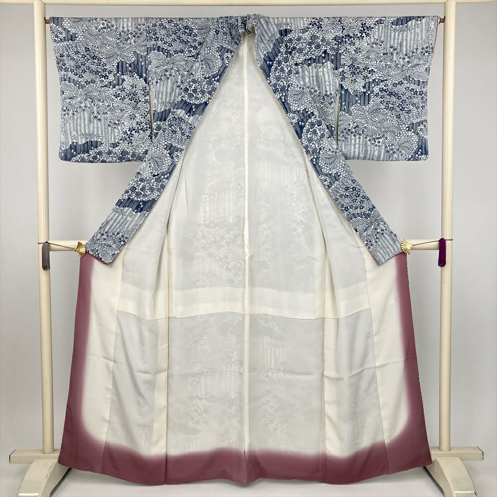 中古） 小紋 白 紺 カジュアル 切り絵 袷 絹【身丈】157cm【裄丈】65.5cm