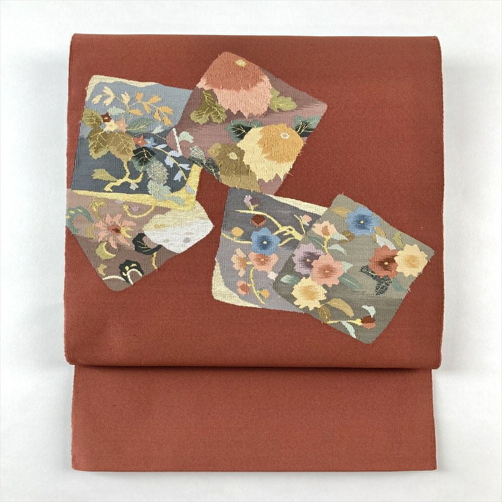 中古）名古屋帯 紫 小豆色 カジュアル 名古屋仕立て 塩瀬 染め 金彩 花葉