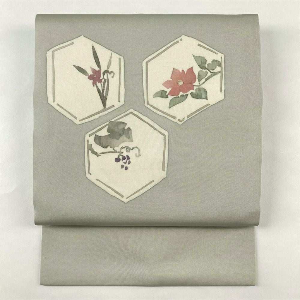 中古）名古屋帯 薄花桜色 水色 カジュアル 名古屋仕立て 引き箔 抽象柄 絹