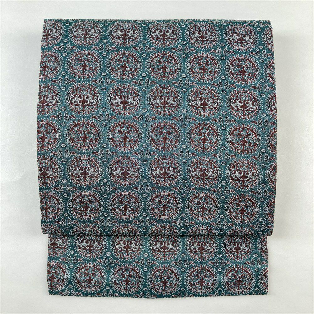 中古）名古屋帯 青緑 カジュアル 名古屋仕立て 織り 天平錦 絹