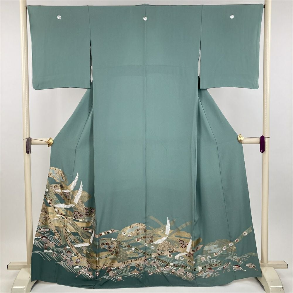 中古） 色留袖 灰青緑 フォーマル 鶴に扇面と熨斗 袷 絹【身丈】162cm