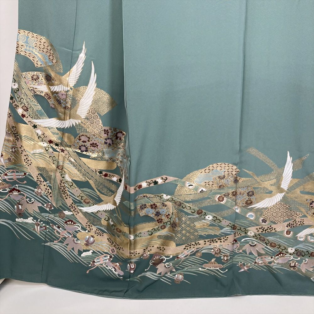 中古） 色留袖 灰青緑 フォーマル 鶴に扇面と熨斗 袷 絹【身丈】162cm