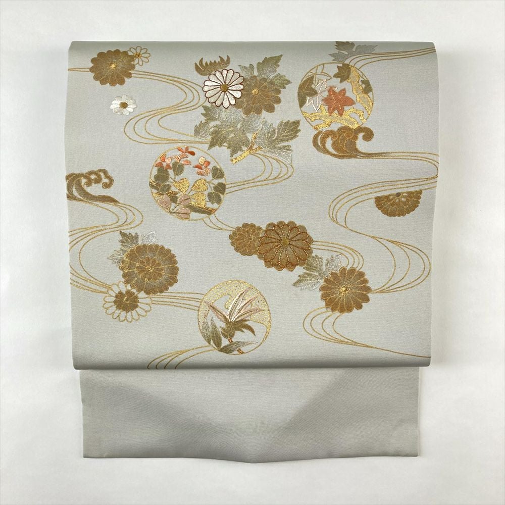 中古）名古屋帯 白金 カジュアル 名古屋仕立て 蘇州刺繍 唐子 絹