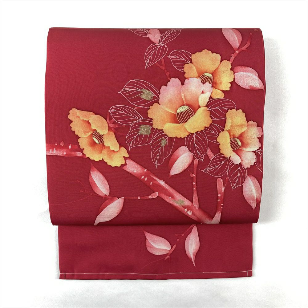 中古）名古屋帯 青色 カジュアル 名古屋仕立て 塩瀬 染め 花葉