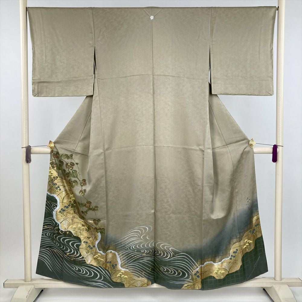 中古）色留袖 オレンジ フォーマル 一つ紋 金彩 刺繍 鶴 道長取り 青海