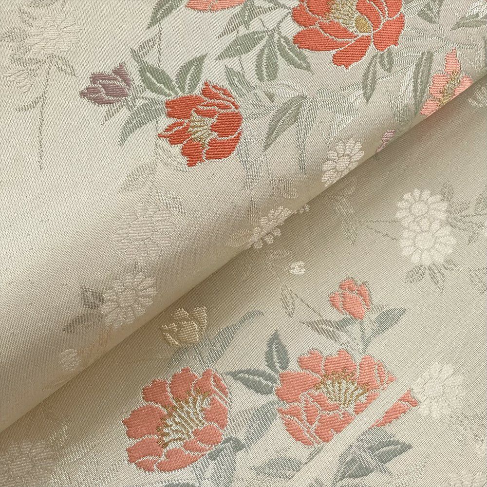 中古）名古屋帯 銀 カジュアル 名古屋仕立て 引き箔 牡丹 桜 絹