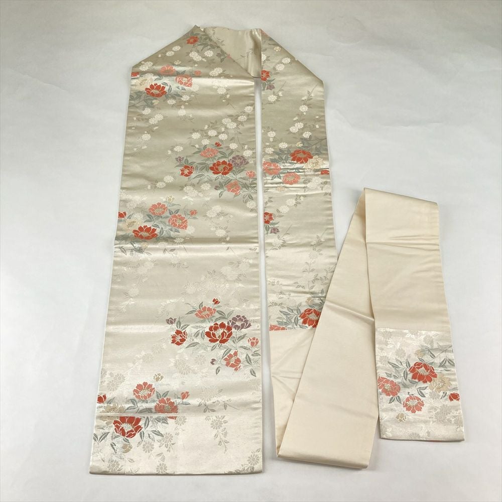 中古）名古屋帯 銀 カジュアル 名古屋仕立て 引き箔 牡丹 桜 絹