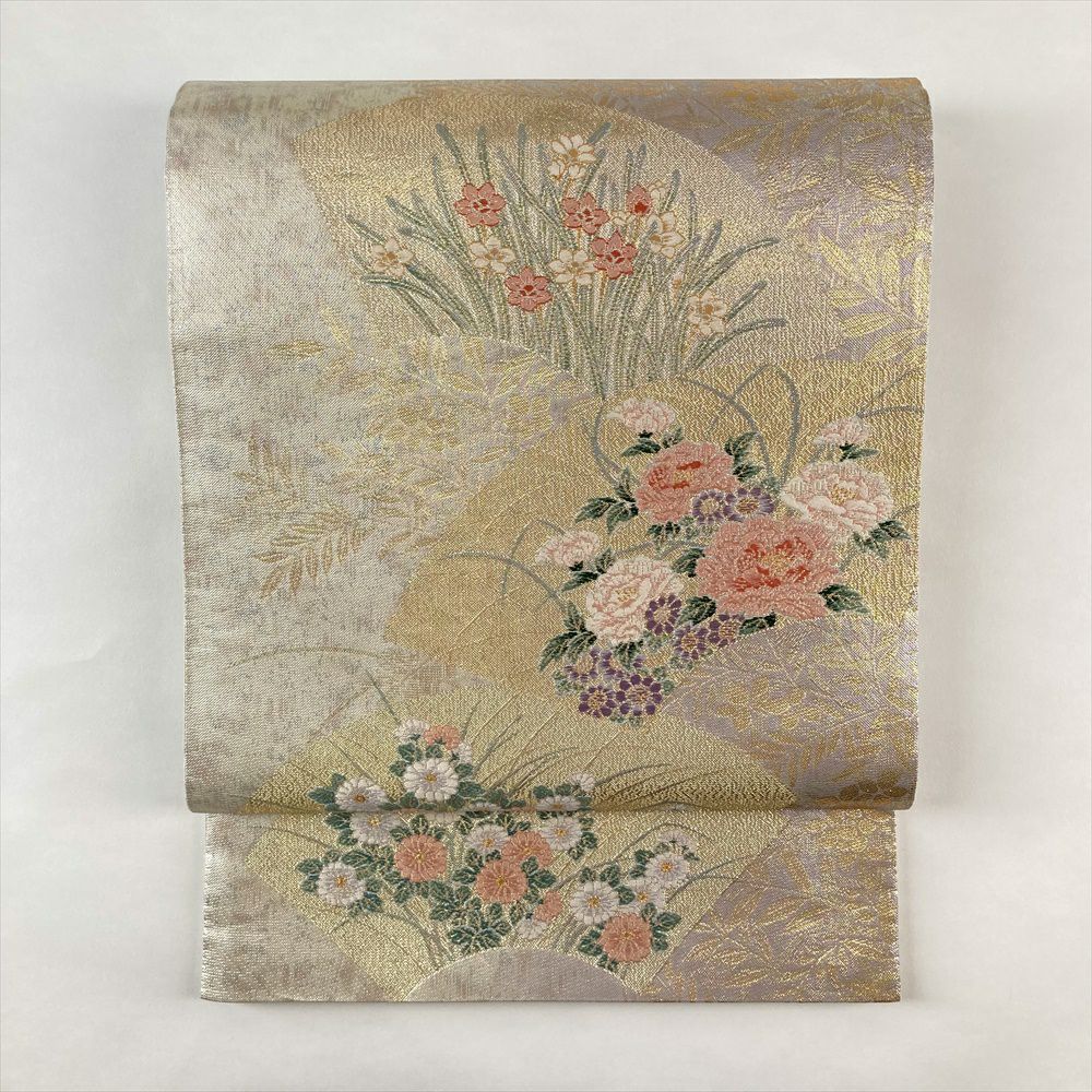 袋帯 正絹 金糸 ゴールド系 丸に季節の花々文様 金色ｘ多色 六通柄 フォーマル 礼装 長さ432cm【中古】 【キモノオフ野々市若松店】 袋帯 正絹 六通柄 未使用 仕立て付き フォーマル 六通 西陣織 ゴールド