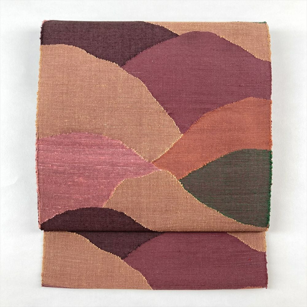 中古）八寸名古屋帯 赤紫 茶 カジュアル 松葉仕立て 織り 山並み 絹