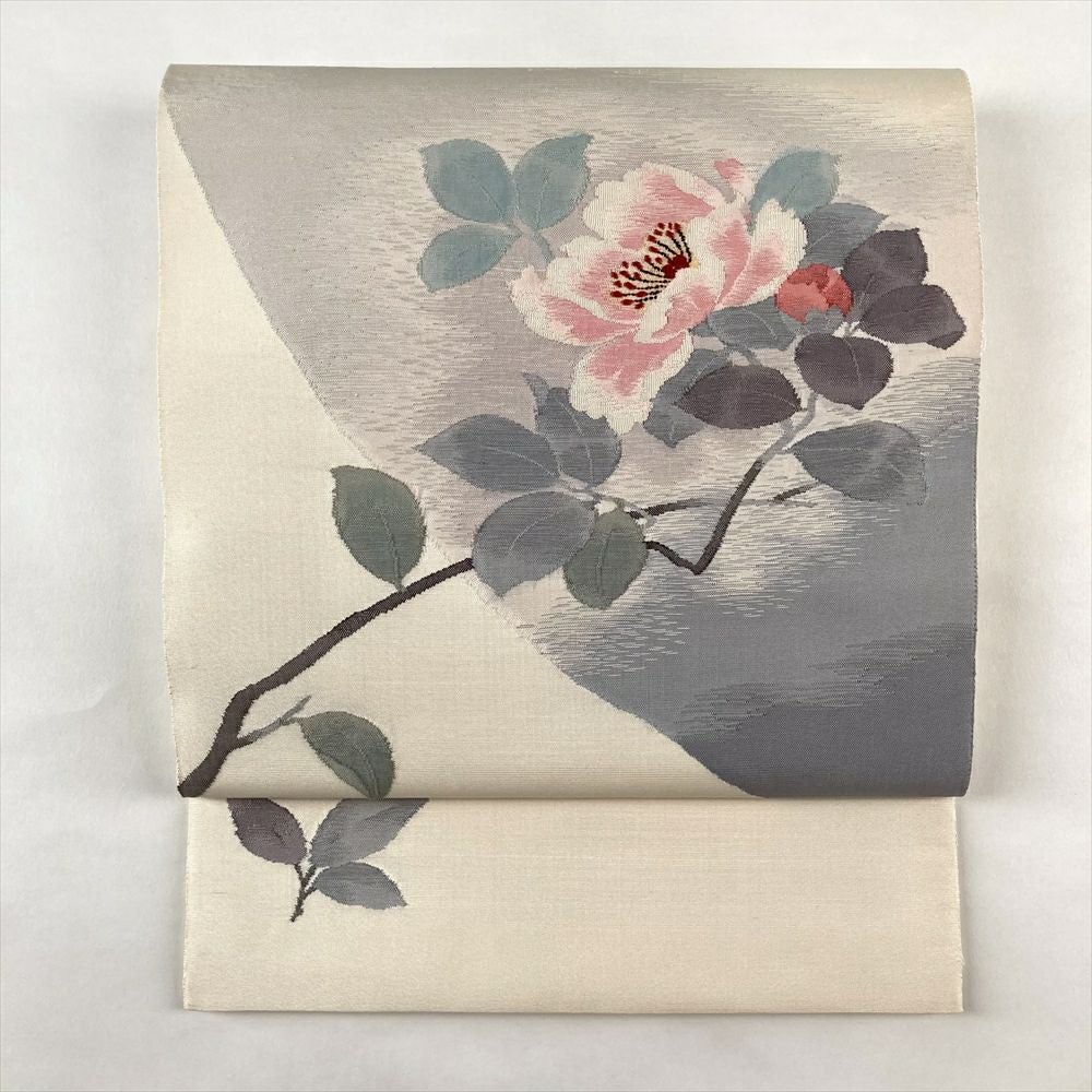 中古）九寸名古屋帯 オレンジ 金糸 松 竹 牡丹 菖蒲【総丈】338cm