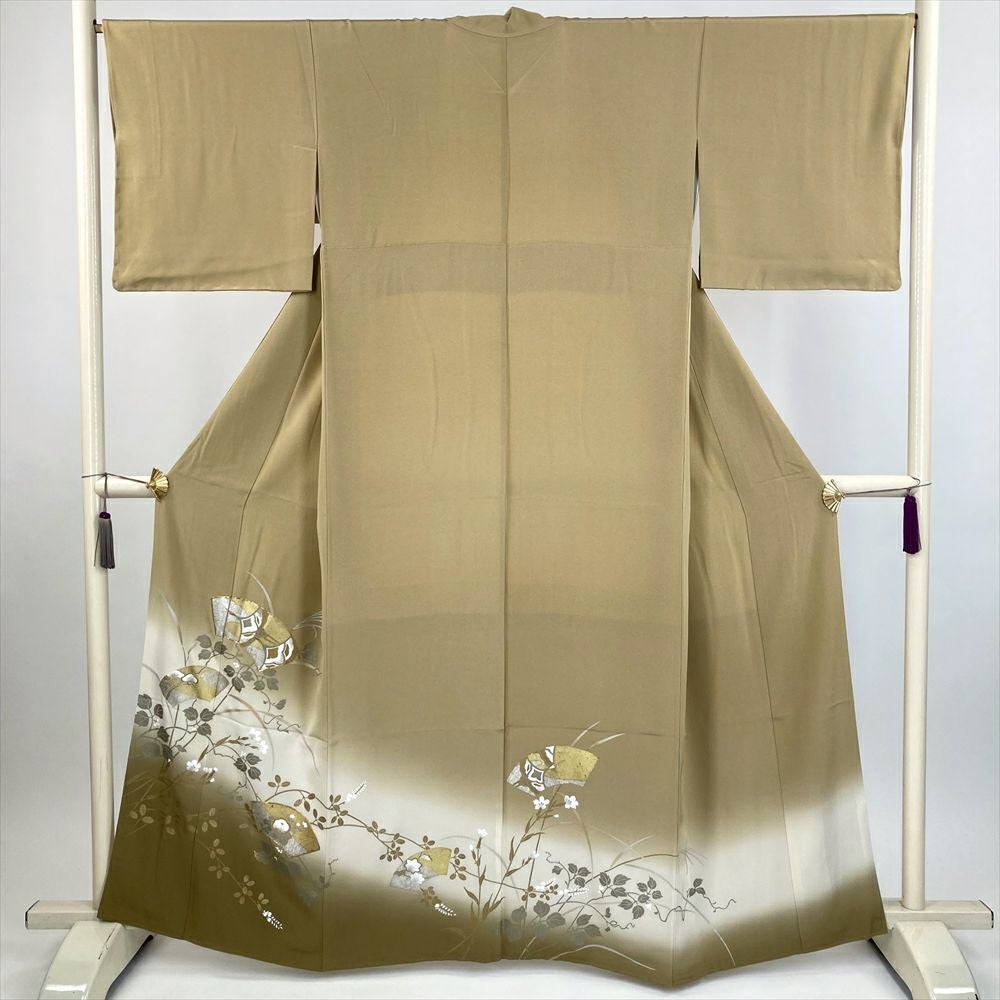 色留袖 着物 袷 織り柄 薄黄緑 源氏扇面柄 裄69 ＴＬ 中古 sn1461 色留袖 麗光刺繍 一つ紋 袷 レディース 正絹 黄色 クリーム 刺繍 豪華