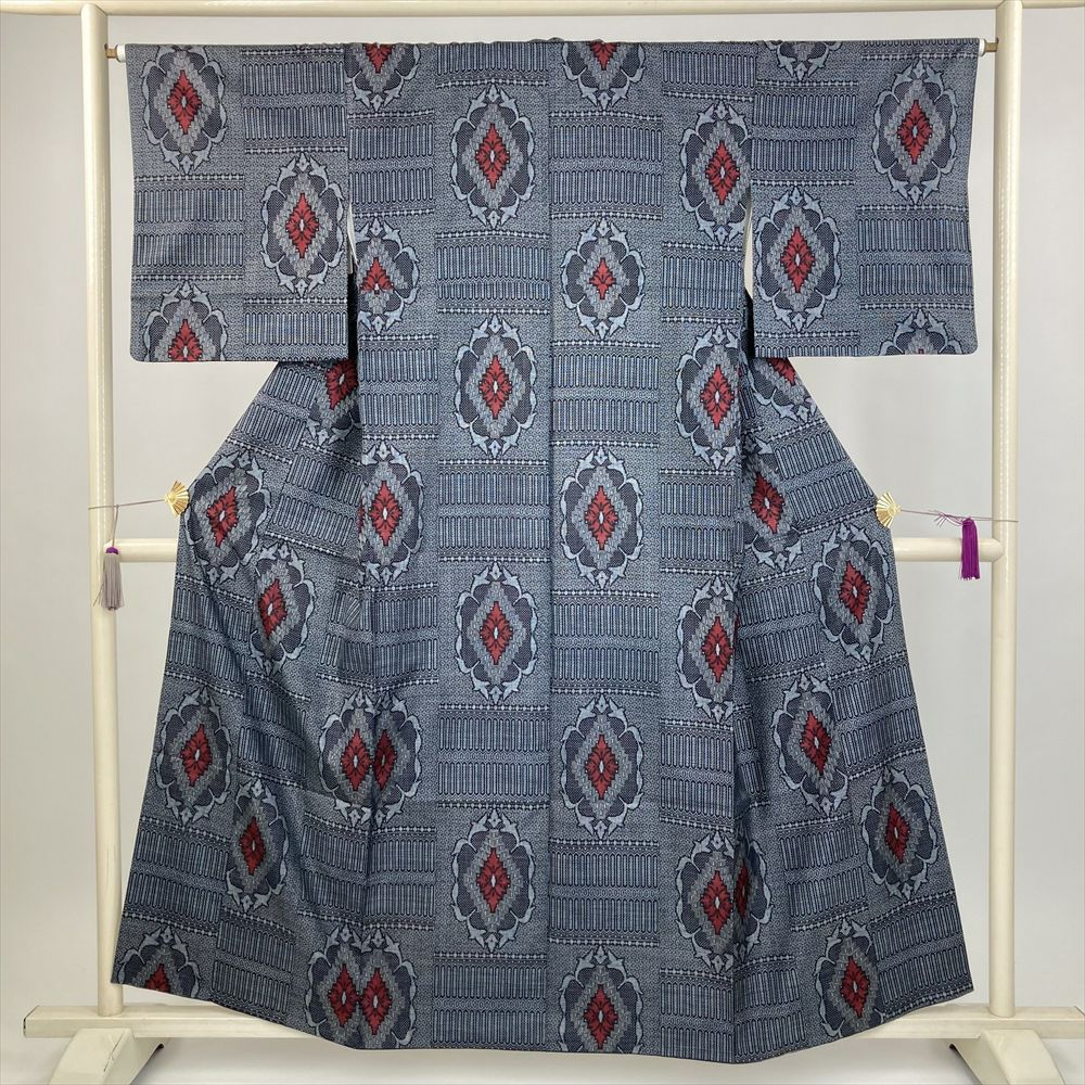 中古） 大島紬 黒 藍 カジュアル 雲に花の丸文様 袷 絹 【身丈】159cm