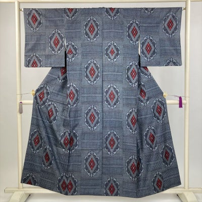 中古） 大島紬 紺 カジュアル 雪輪に花文様 袷 絹 【身丈】162.5cm【裄 
