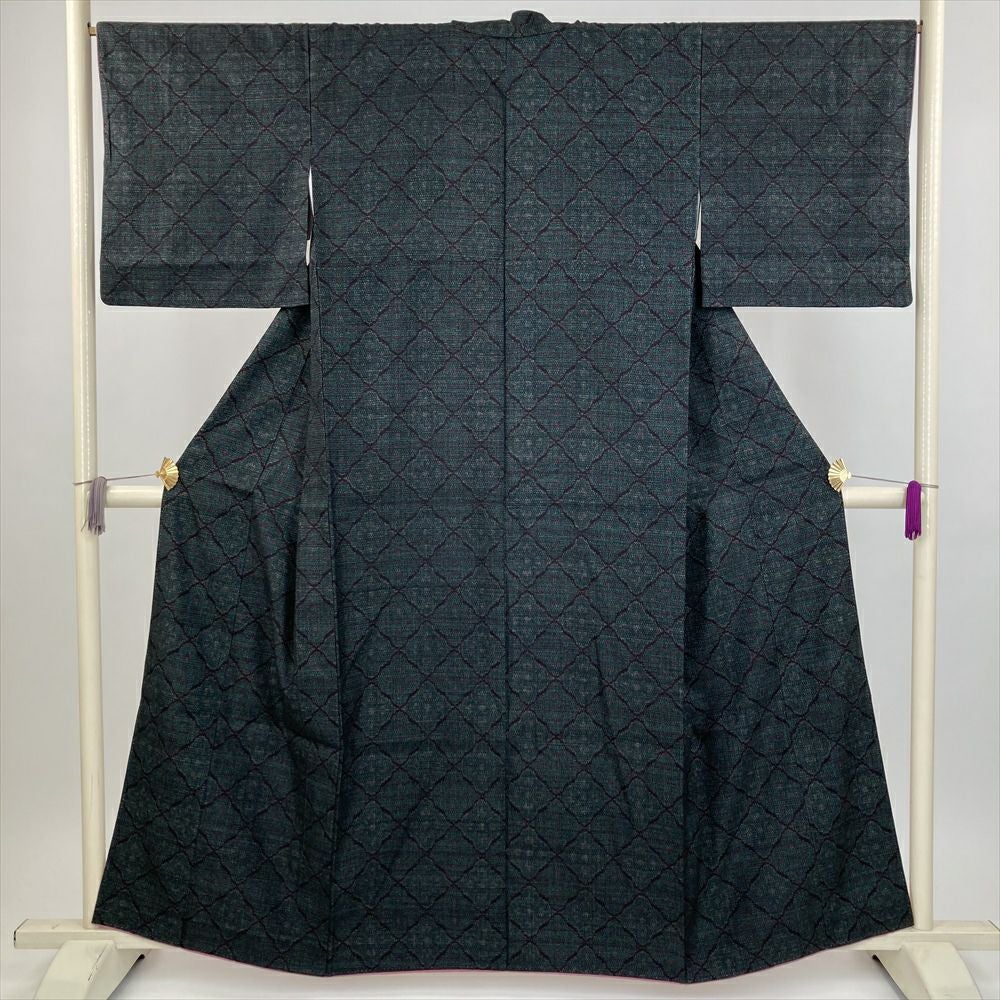 アンティーク袷☆銘仙☆紬★◇ × □ ＆ ドット☆紺☆身丈(肩)１４９☆裄 ６３ □E6395□アンティーク□正絹□紺藍色 夏銘仙 単衣 着物□丈151 裄61