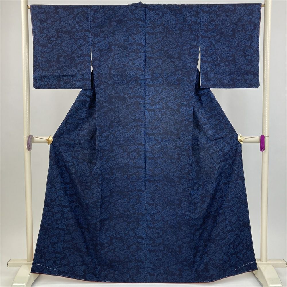 中古） 小紋 青 カジュアル 縮緬 陶器文様 袷 絹 【身丈】158cm【裄丈