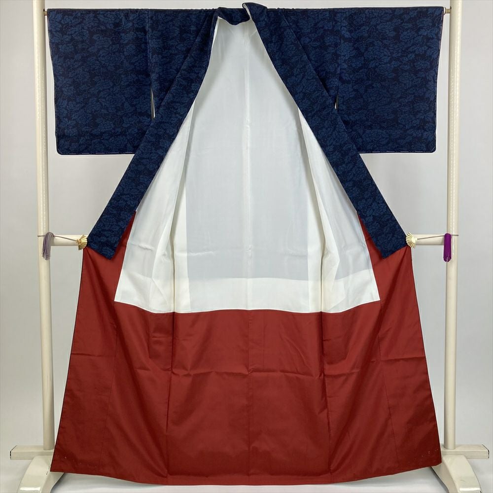 中古） 紬 紺 カジュアル 草花 袷 絹【身丈】159cm【裄丈】66.5cm