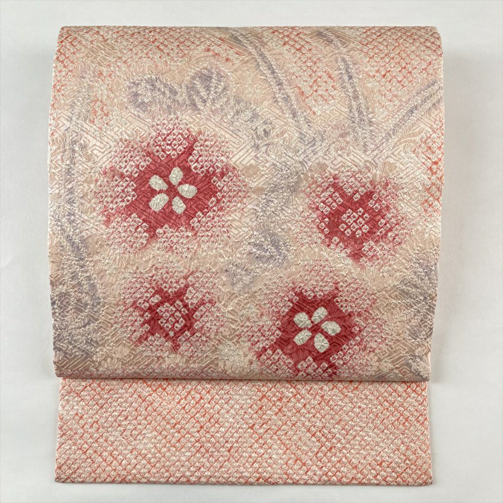 中古）名古屋帯 銀 カジュアル 松葉仕立て 織り 刺繍 紅葉 流水 絹