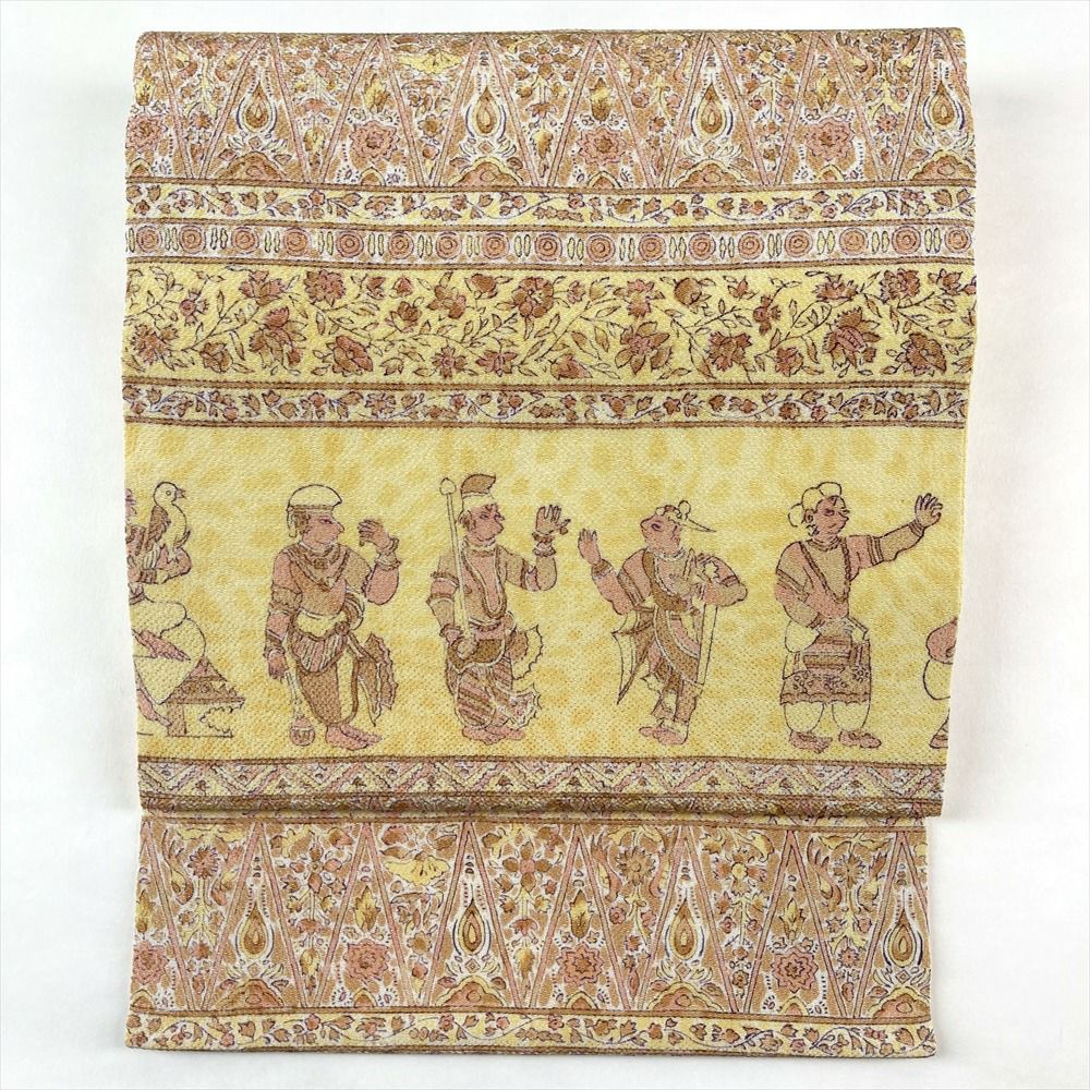 中古）名古屋帯 黄色 カジュアル 名古屋仕立て 縮緬 染め 古代エジプト