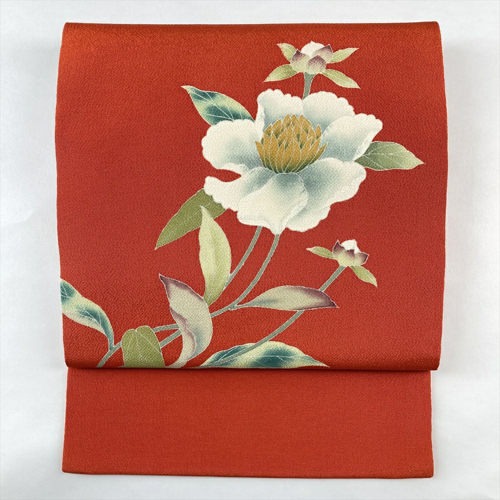 美品 正絹 袋帯 凛とした装い 華やかな色彩　朱赤 塩瀬 型絵染 美品 正絹 袋帯 凛とした装い 華やかな色彩 朱赤 塩瀬 型絵染 椿文様