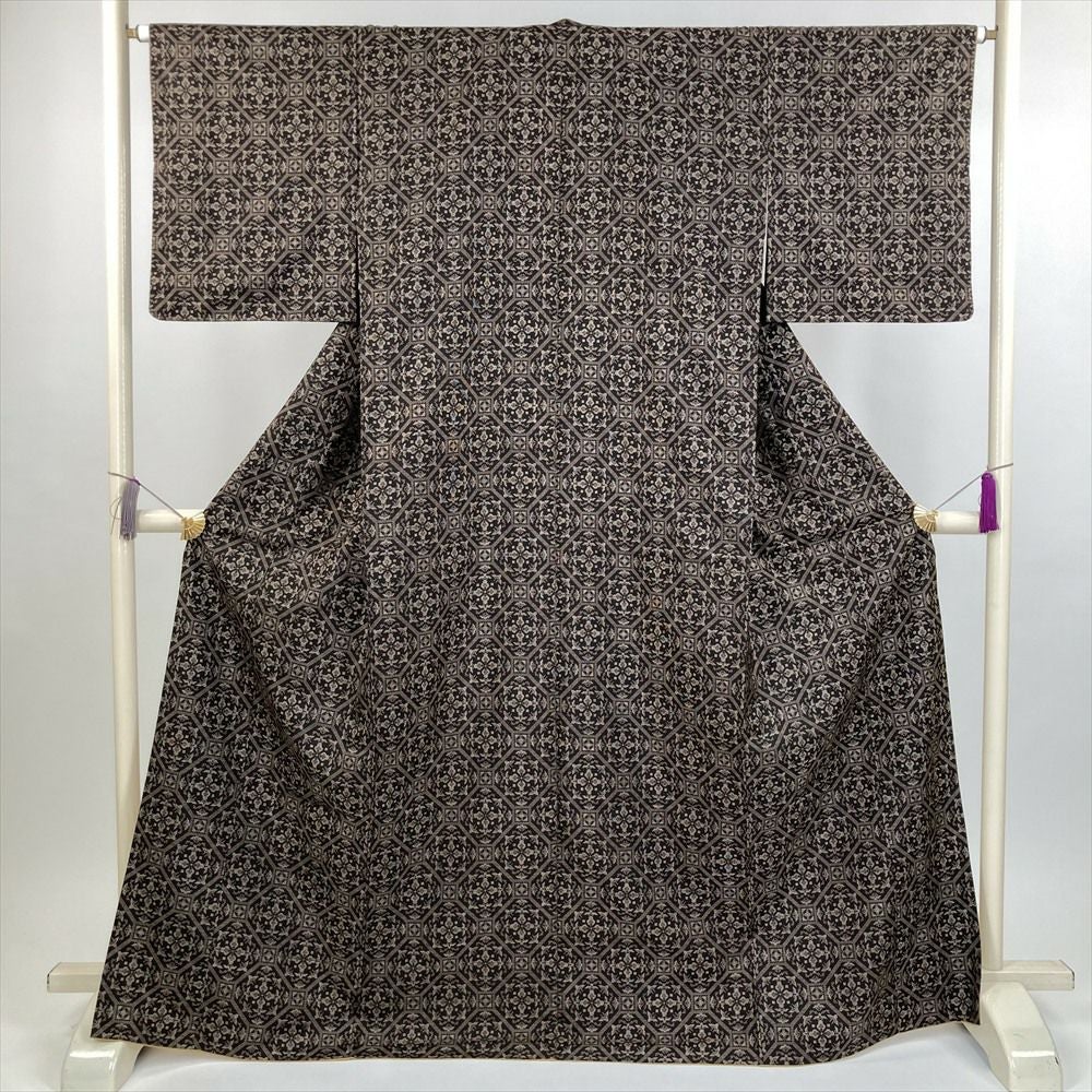 中古） 大島紬 紺 カジュアル 雲に花の丸文様 袷 絹 【身丈】159cm【裄