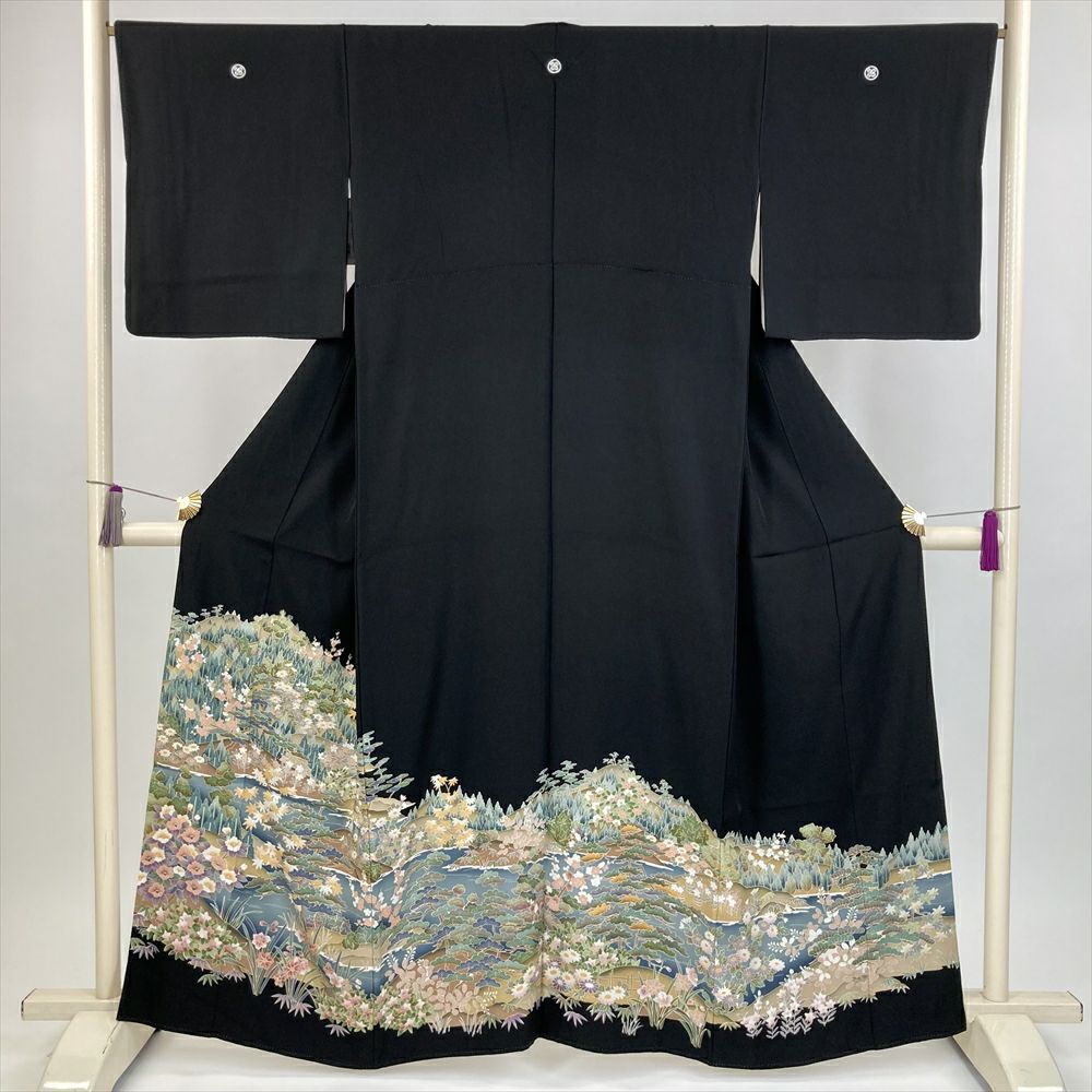 中古）黒留袖 黒 フォーマル 金駒刺繍 金彩 大名行列図 五つ紋 落款 袷