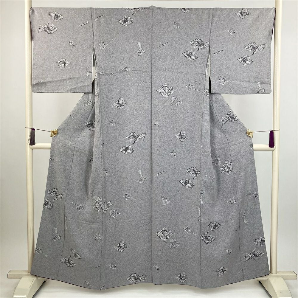 中古） 小紋 ブルーグレー カジュアル ちりめん 染め 麻の葉 袷 【身丈