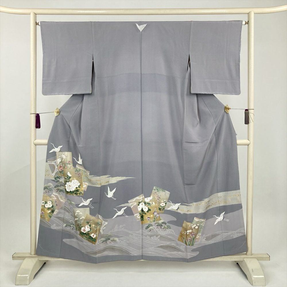 中古）色留袖 グレー フォーマル 金駒刺繍 金彩 友禅 四季花 流水紋 和