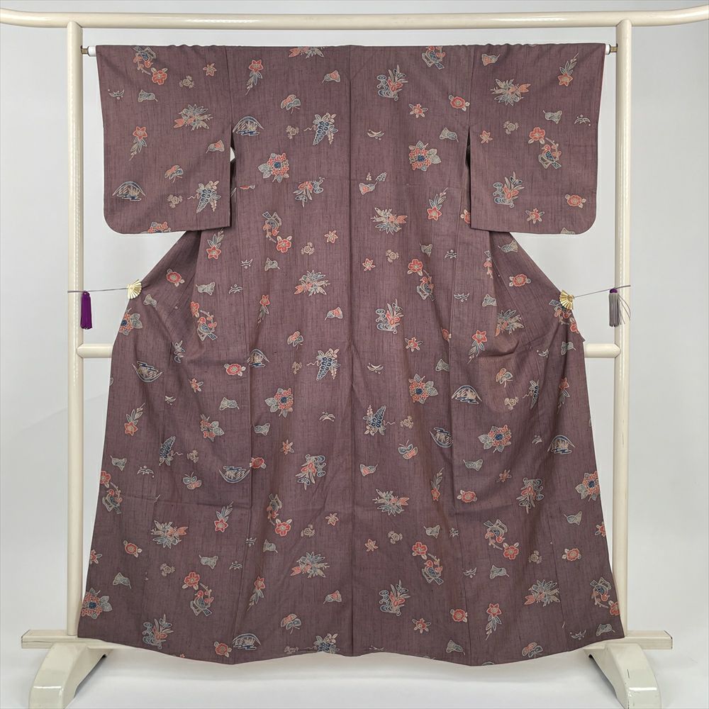 中古） 小紋 青 カジュアル 縮緬 陶器文様 袷 絹 【身丈】158cm【裄丈