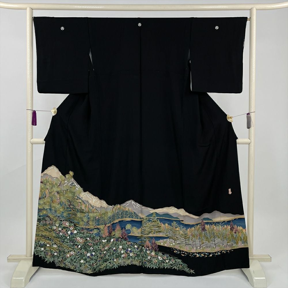 中古）黒留袖 黒 フォーマル 金駒刺繍 金彩 大名行列図 五つ紋 落款 袷