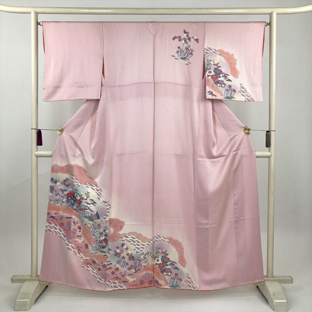 中古） 訪問着 薄ピンク セミフォーマル 花鳥 宝尽くし 袷 絹【身丈