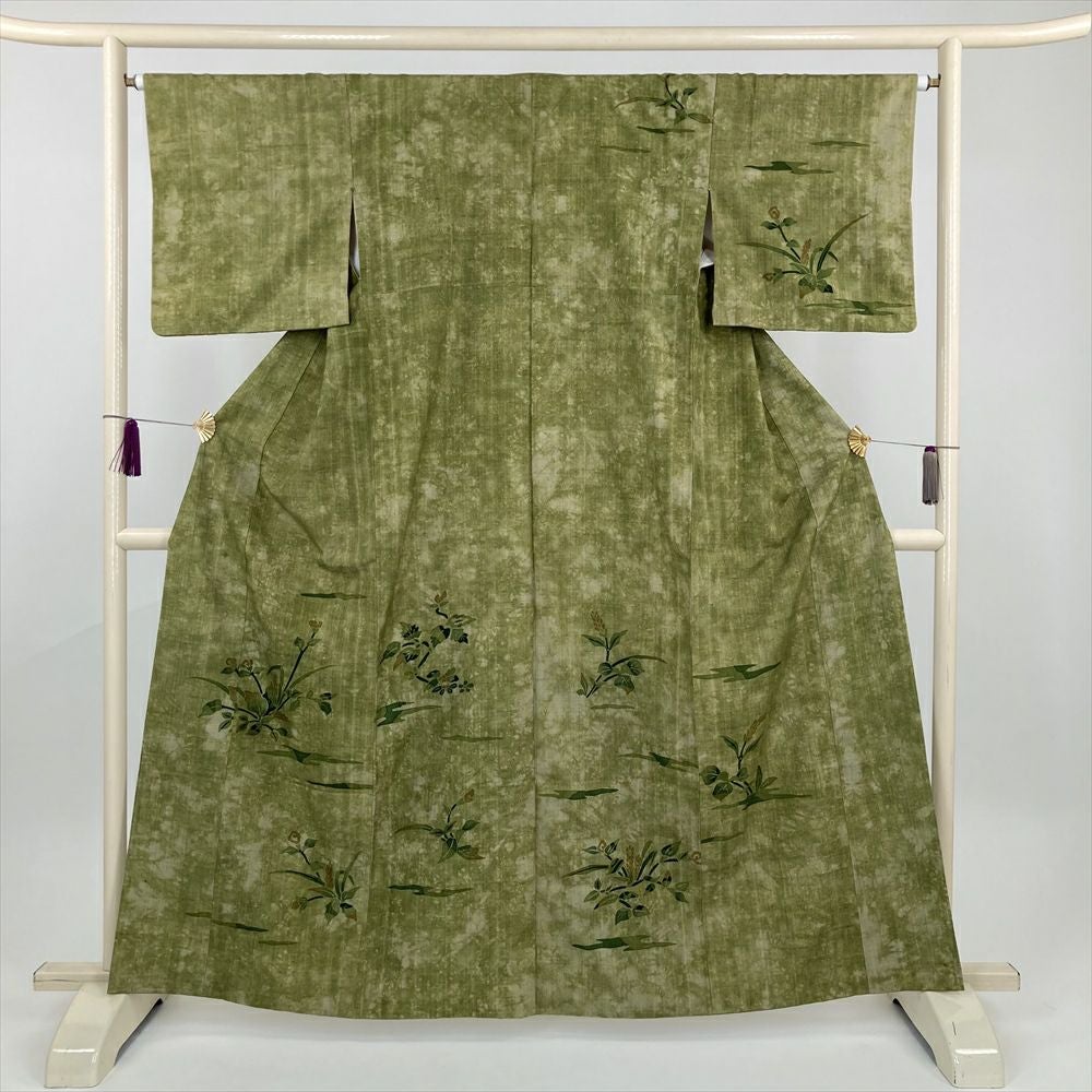 訪問着 身丈157.5cm 裄丈66cm 正絹 名品 【中古】 中古） 訪問着 緑 カジュアル 草花 袷 絹【身丈】157.5cm【裄丈】65.5cm