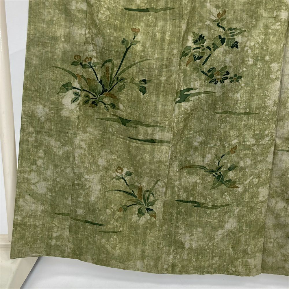 中古） 訪問着 緑 カジュアル 草花 袷 絹【身丈】157.5cm【裄丈】65.5cm