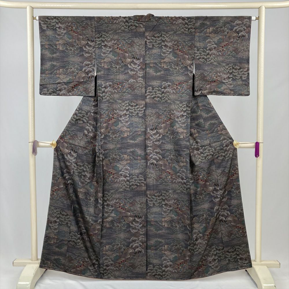 中古） 大島紬 黒 カジュアル 仏閣 エ霞 袷 S【身丈】158.5cm【裄丈