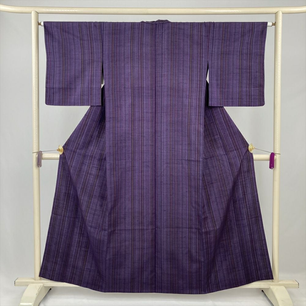 中古） 単衣紬 生成 カジュアル 木立 家屋 単衣【身丈】154cm【裄丈