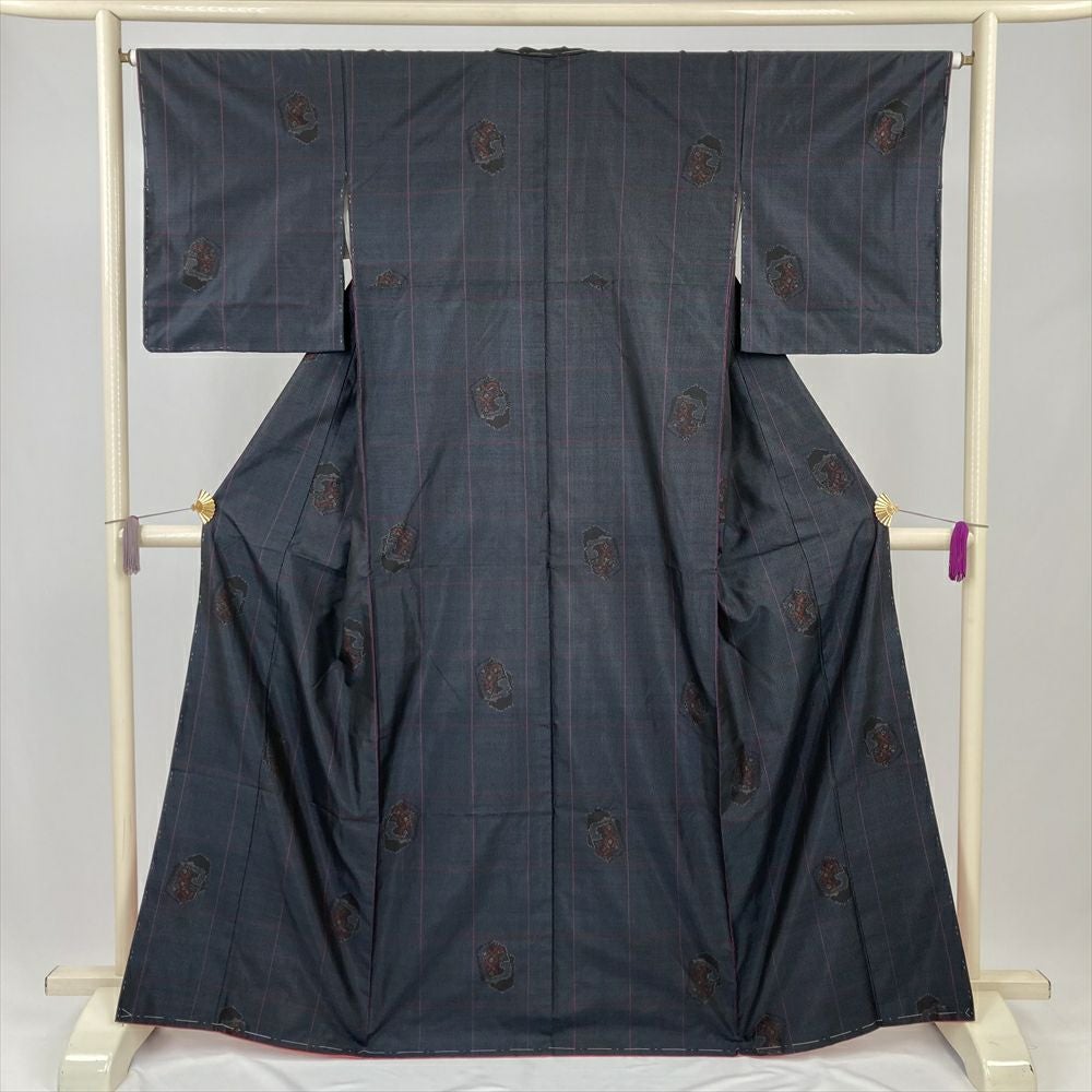 中古） 大島紬 紺 カジュアル 横双 紗綾型 袷 S【身丈】159cm【裄丈