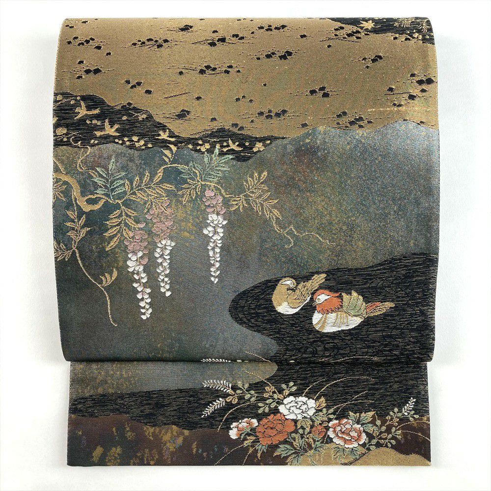 袋帯 切りばめ 金糸 濃灰緑 扇 菊 梅 竹 カジュアル 絹 中古 kp1894 袋帯 京都 西陣 上質 逸品 金糸 黒地 黒 扇重ね 桜 華文 菊 鶴 古典柄