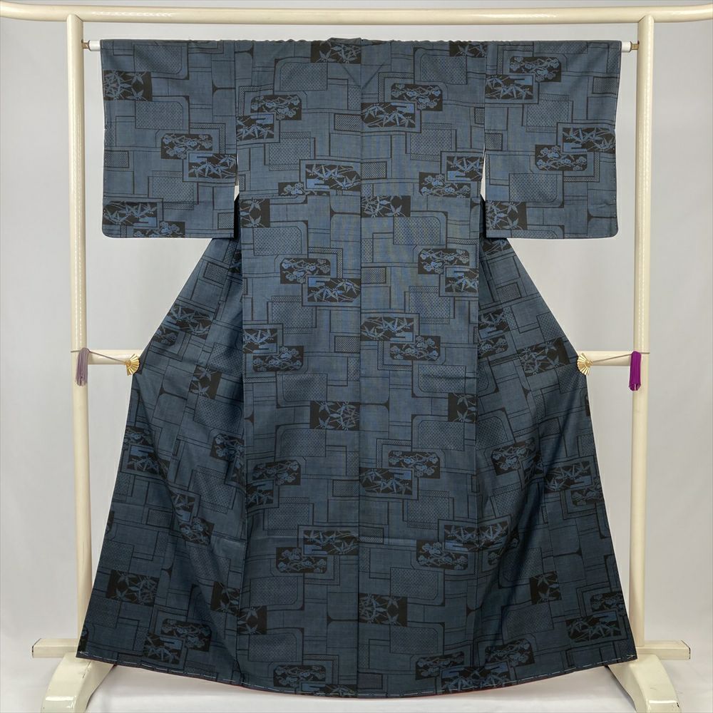 中古） 大島紬 紺 カジュアル 雲に花の丸文様 袷 絹 【身丈】159cm【裄