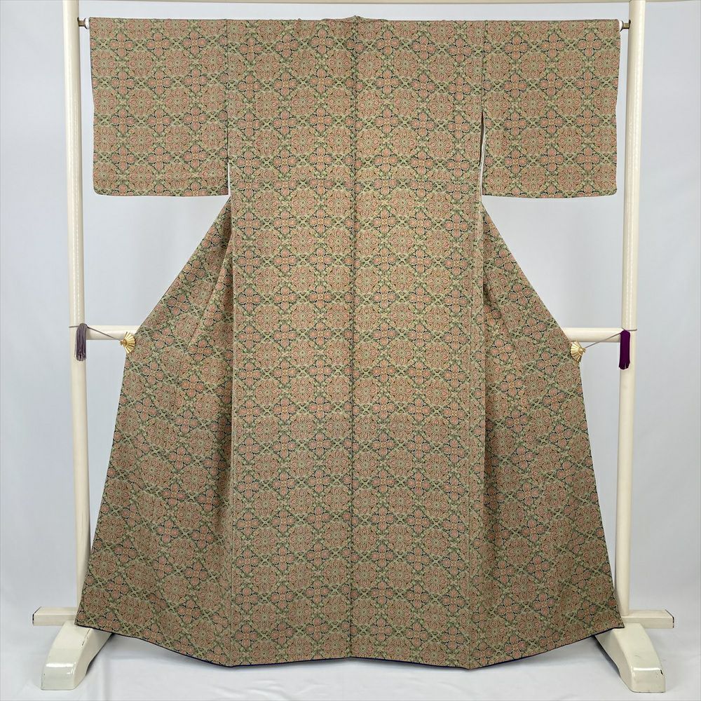 中古） 小紋 緑 カジュアル オリエンタル菱 袷 絹 【身丈】157.5cm【裄