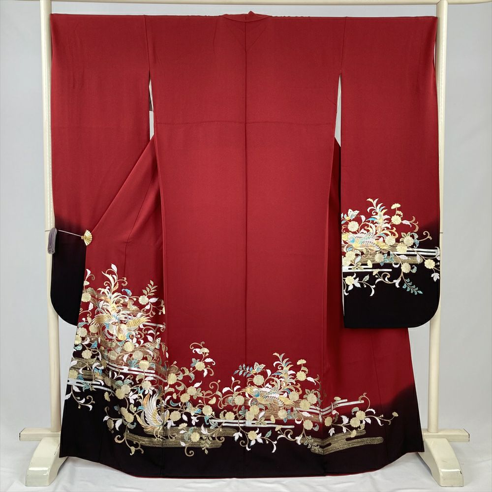 中古）振袖 白 金彩 扇子 鳳凰 萩 袷 M【身丈】161.5cm【裄丈】64.5cm
