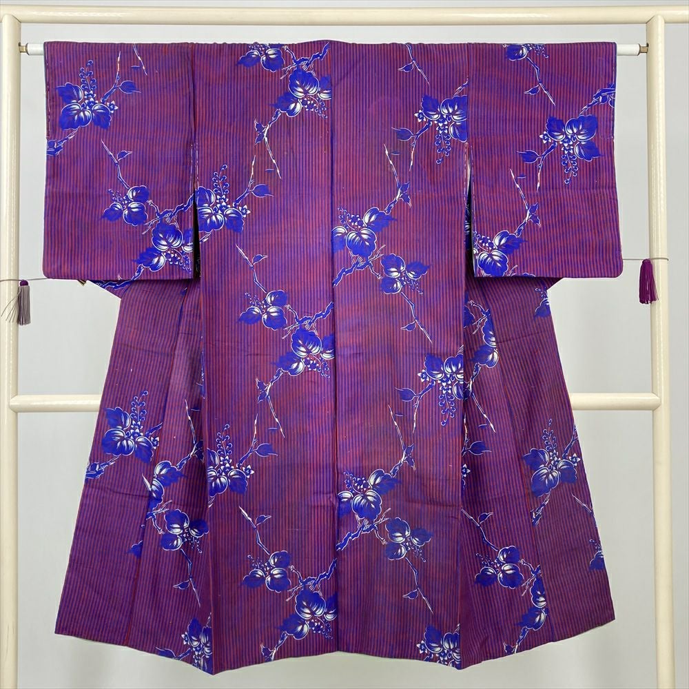 中古） 単衣紬 紫 ヴィンテージ 縞 牡丹 単衣 絹【身丈】147.5cm【裄丈